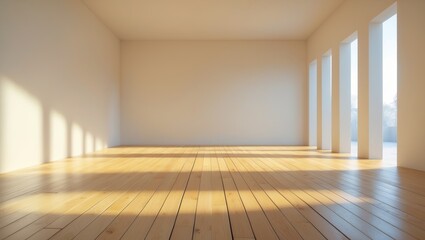 Obraz premium Empty interior space with wooden flooring and light walls perfect for decoration or renovation.