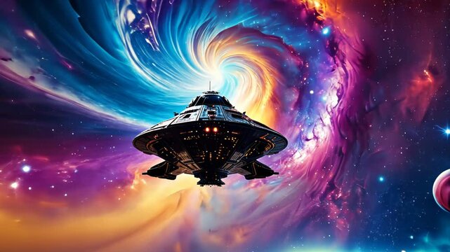 Futuristic UFO flying through a colorful cosmic vortex, with glowing lights and intense swirling energy. Concept of intergalactic travel and unknown realms
