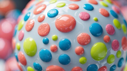 a close up view of a white ball with multicolored dots