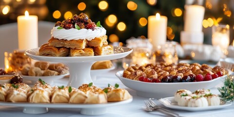festive dessert spread, a luxurious eid dessert spread, including baklava, maamoul, and sheer khurma, on a candle-lit festive table