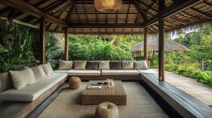 Tropical gazebo features comfortable seating and lush green surroundings