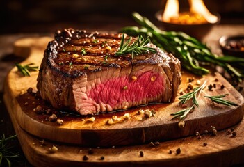 Obraz premium savory juicy steak perfectly seared rustic wooden cutting board fresh herbs kitchen utensils accenting scene, beef, meat, sauce, seasoning, spices, grill