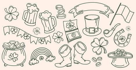 St. Patrick's Day symbols, hand drawn doodles, collection of elements including shamrocks, beer mugs, leprechaun hat, gold coins, rainbow. Vector illustration, for holiday decorations, cards