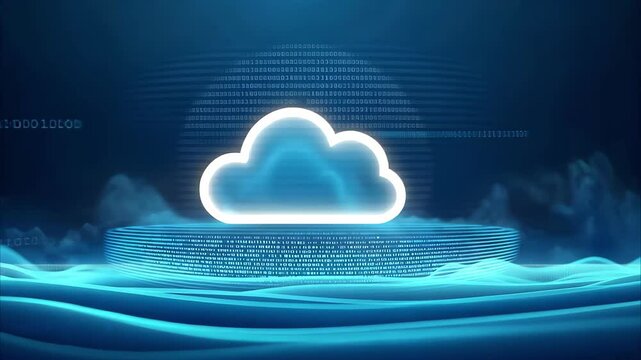 A digital representation of a cloud symbol surrounded by binary code, depicting cloud computing technology.