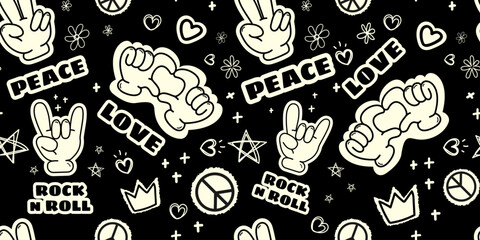 Seamless black and white pattern with hand gestures, peace signs, hearts stickers, and rock n roll symbols in a retro doodle style.Vector illustration,for music posters, wallpaper, apparel,backgrounds