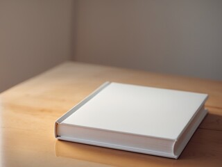 A hardcover book with a blank white cover lying on a wooden table.