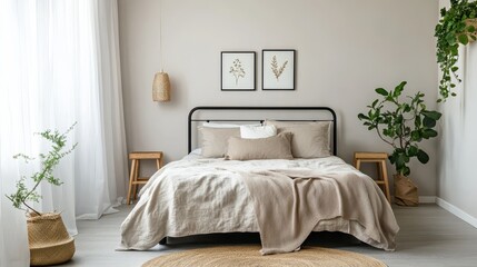 Bright minimalist bedroom with plants creates a serene atmosphere