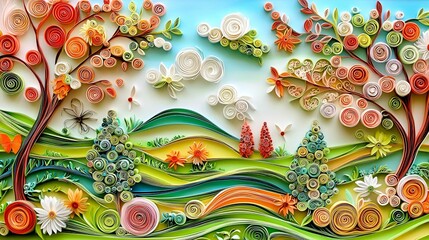 Landscape paper quilling concept. Colorful quilled paper landscape with trees, flowers, and rolling hills under a bright blue sky.