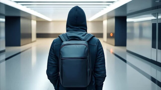 A person in a hooded jacket and backpack stands facing away in a modern, empty corridor with reflective floors and lighting.