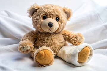 Fototapeta premium Broken Teddy Bear Close Up, Damaged Toy, Stuffed Animal Repair, Cute Bear, White Background