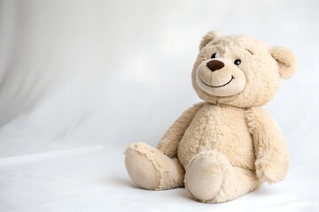 Obraz premium Soft Smiling Teddy Bear Sitting Upright on a Light Background With a Gentle Ambiance