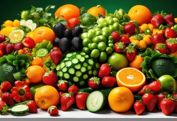 vibrant aesthetic arrangement fresh fruits vegetables clean white background fresh market presentation, produce, display, colorful, organic, ingredients