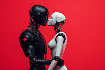 Affectionate couple of robots in love about to kiss, isolated on background valentines day
