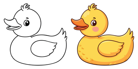 Duck Line Art Vector Outline Illustration Black and White with Coloring Sample