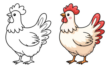 hen and chicken Line Art Vector Outline Illustration Black and White with Coloring Sample