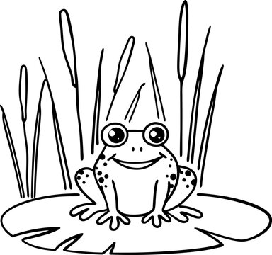 recommend clip art: Cute Frog on Lily Pad Amidst Reeds Line Art, Nature Illustration, Wildlife, Simple Design, Coloring Page