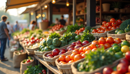 Vibrant Farmers Market Displaying Fresh Vegetables and Fruits on Sunny Day