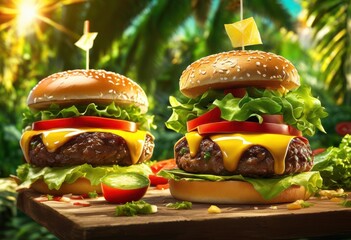 vibrant close stacked mouthwatering burgers fresh toppings crisp lettuce lush green atmosphere, cheese, tomato, onion, patty, bun, sesame, mayonnaise