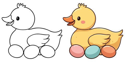 Baby duck and ducklings Line Art Vector Outline Illustration Black and White with Coloring Sample