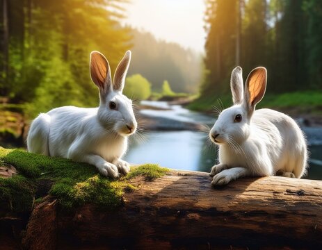 dos liebres de monte macho y hembra sobre un tronco grande tumbado en el suelo, mirando el bosque