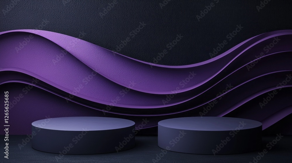 Poster two round podiums sit empty, positioned in front of a bold textured wall. the backdrop showcases flo