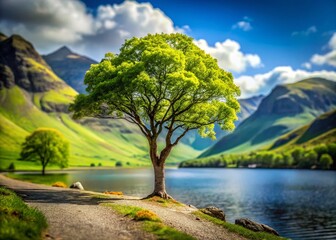 Buttermere Lake District: Tilt-Shift Photography of a Green Leafed Tree by the Shore, Scenic Mountain View, Cumbria, UK