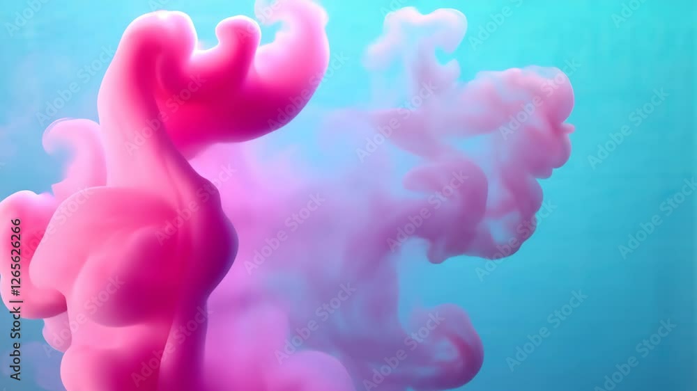 Poster vibrant pink color splash in turquoise water creating a dreamy artistic backdrop with soft fluid mot