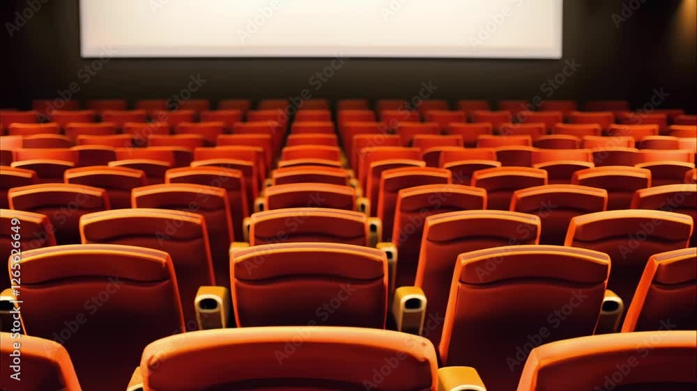 Aufkleber an empty movie theater with rows of red seats facing a blank screen.