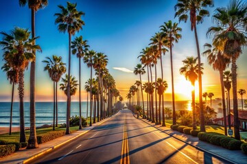 Obraz premium California Beach Drive: Palm Trees, Ocean View, Sunny Coastal Road