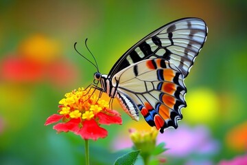 Fototapeta premium Vibrant swallowtail butterfly on colorful flower