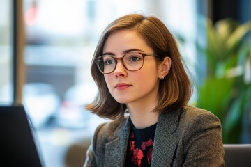 Caucasian young female professional working in modern office environment