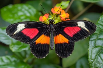 Fototapeta premium Vibrant heliconius butterfly perched on orange flowers