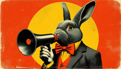 a gray rabbit in a red bow tie holds a black megaphone. vintage poster style