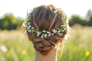 Naklejka premium Female teen with floral crown and braided hair in sunny meadow