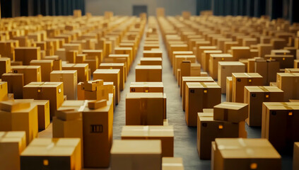 Fototapeta premium Wide View of Empty Warehouse with Rows of Shelves Filled with Cardboard Boxes