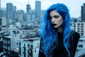 Fototapeta premium Young caucasian female with blue hair and dark makeup in urban cityscape