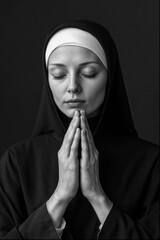 praying catholic nun, black and white photography