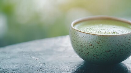 A serene close-up of a green matcha tea bowl, emphasizing its texture and color against a softly blurred background.