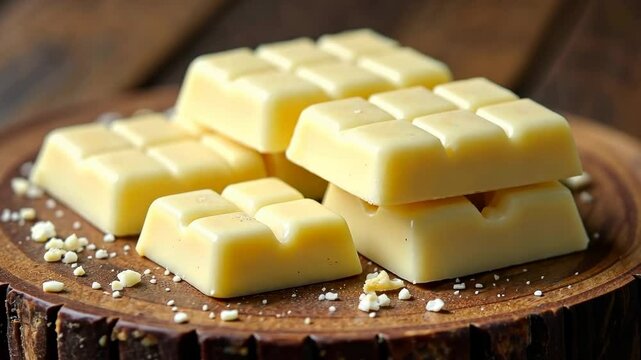 4k frame of a bar of white chocolate lying on a table