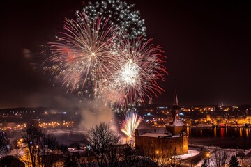 Obraz premium Vibrant fireworks display over illuminated city skyline at night