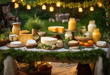 Obraz premium colorful dairy display featuring fresh farm showcasing array vibrant dairy products culinary inspiration, butter, cheese, cream, yogurt, milk, organic