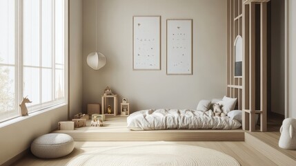 Light and airy minimalist childrens playroom with wooden accents