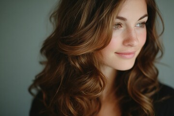 Naklejka premium Young caucasian female with wavy brown hair smiling gently indoors