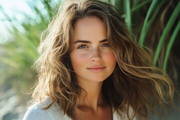 Naklejka premium Young caucasian female with wavy hair smiling in outdoor setting