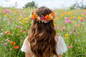 Naklejka premium Young caucasian female with floral crown in colorful wildflower field