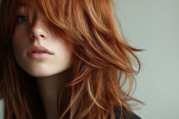 Naklejka premium Young caucasian female with red hair and freckles close-up portrait