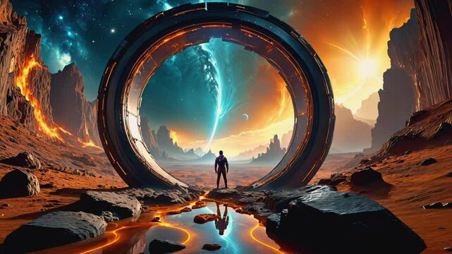 A glowing interdimensional portal on a barren planet's surface, with a figure standing in awe before it, gazing at the vast universe ahead. Concept of space exploration and cosmic phenomena