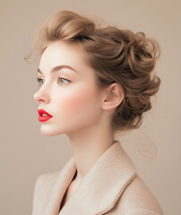 Fototapeta premium A beautiful, pale woman with light brown hair in an updo hairstyle, wearing a pastel-colored wool coat and red lipstick, in a retro fashion style.