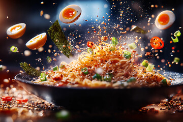 Ramen Explosion in Motion with Flying Ingredients like Green Onions, Boiled Egg, Nori, Bamboo Shoots, and Sesame Seeds Creating Energy and Excitement