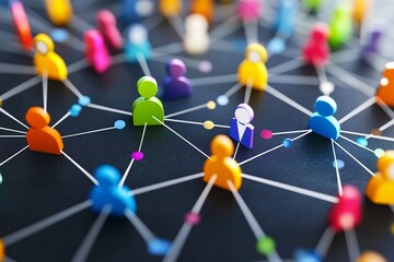 Colorful network of human-figure icons connected by lines on dark surface